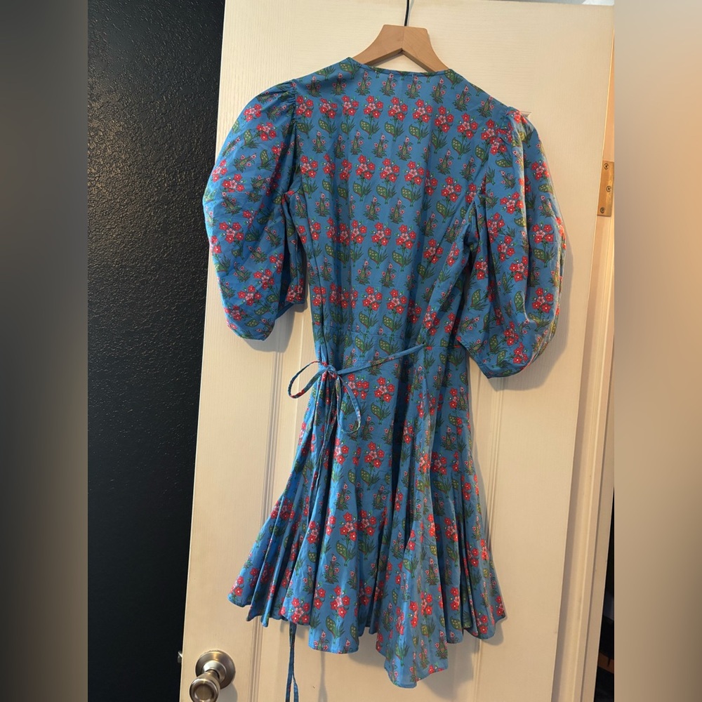 RHODE claudine blue floral wrap midi dress with puff sleeves - Picture 8 of 11